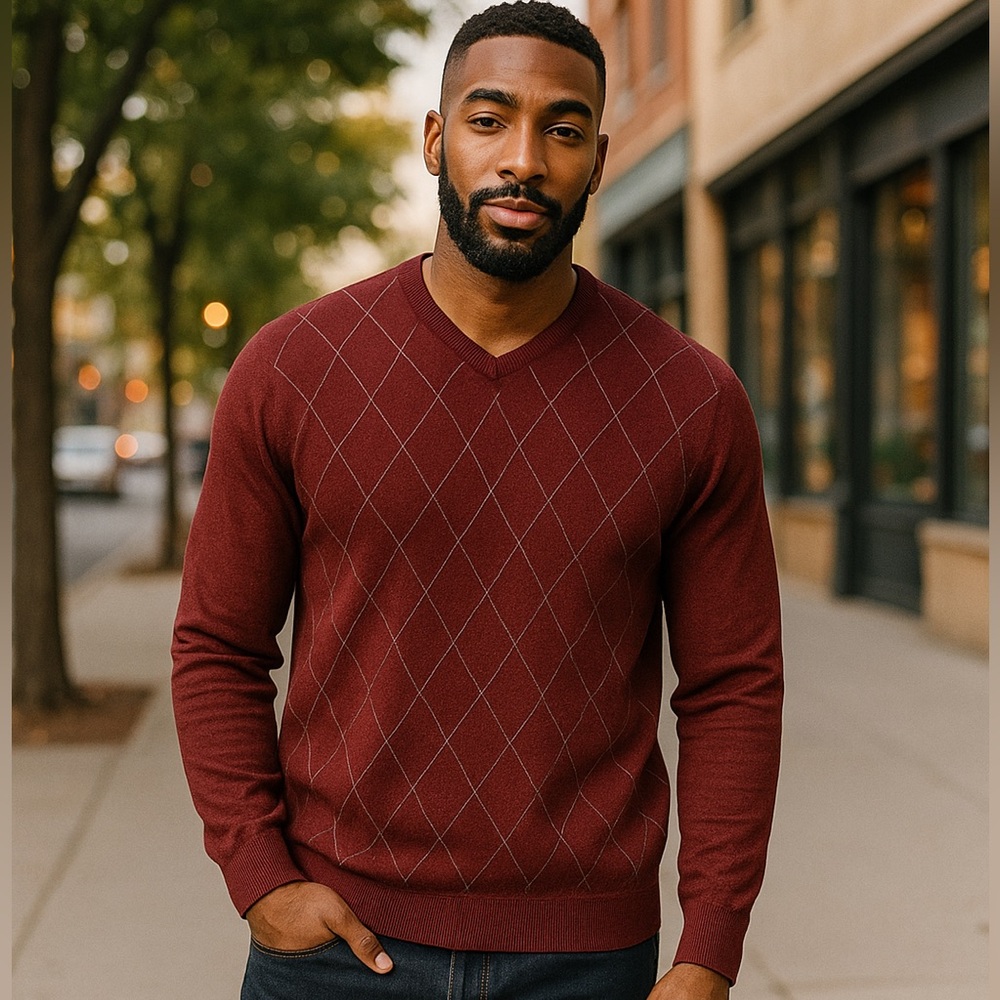 Banana Republic 100% Merino Wool Sweater Maroon V-neck Diamond Argyle Men’s XL